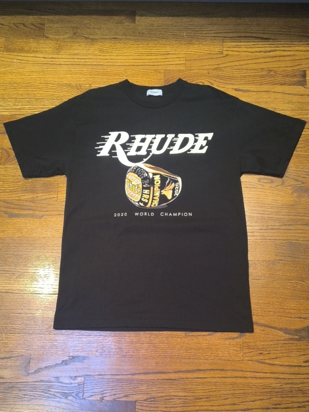 Rhude Black Graphic Tee with Championship Ring Print